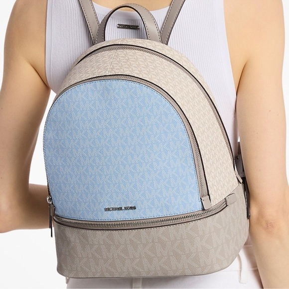 Michael Kors Rhea Medium Color-Block Signature Logo Backpack Light Sky Multi - Picture 2 of 9
